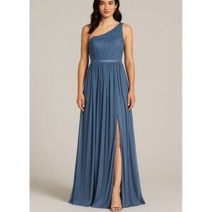 David’s Bridal Steel Blue One Shoulder Gown